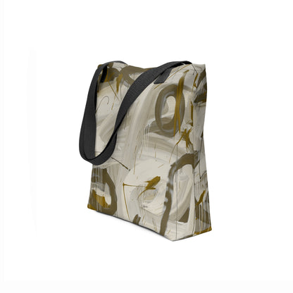 Eco-friendly tote bag with unique stone-inspired gray tones and olive green abstract brush designs.
