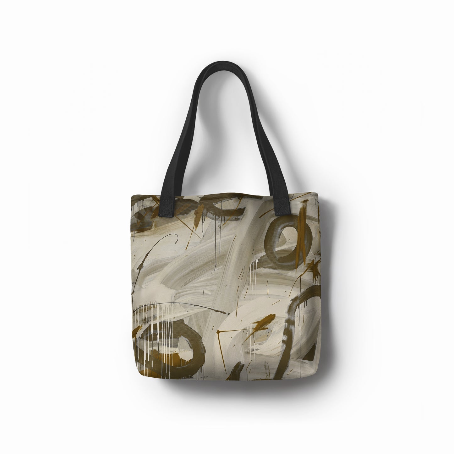 Canvas tote bag with abstract brushstroke design in neutral gray and olive green by TASHAU.