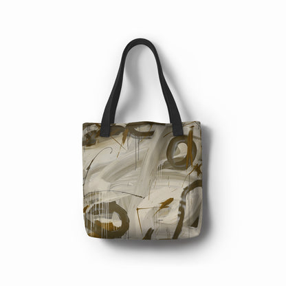 Canvas tote bag with abstract brushstroke design in neutral gray and olive green by TASHAU.