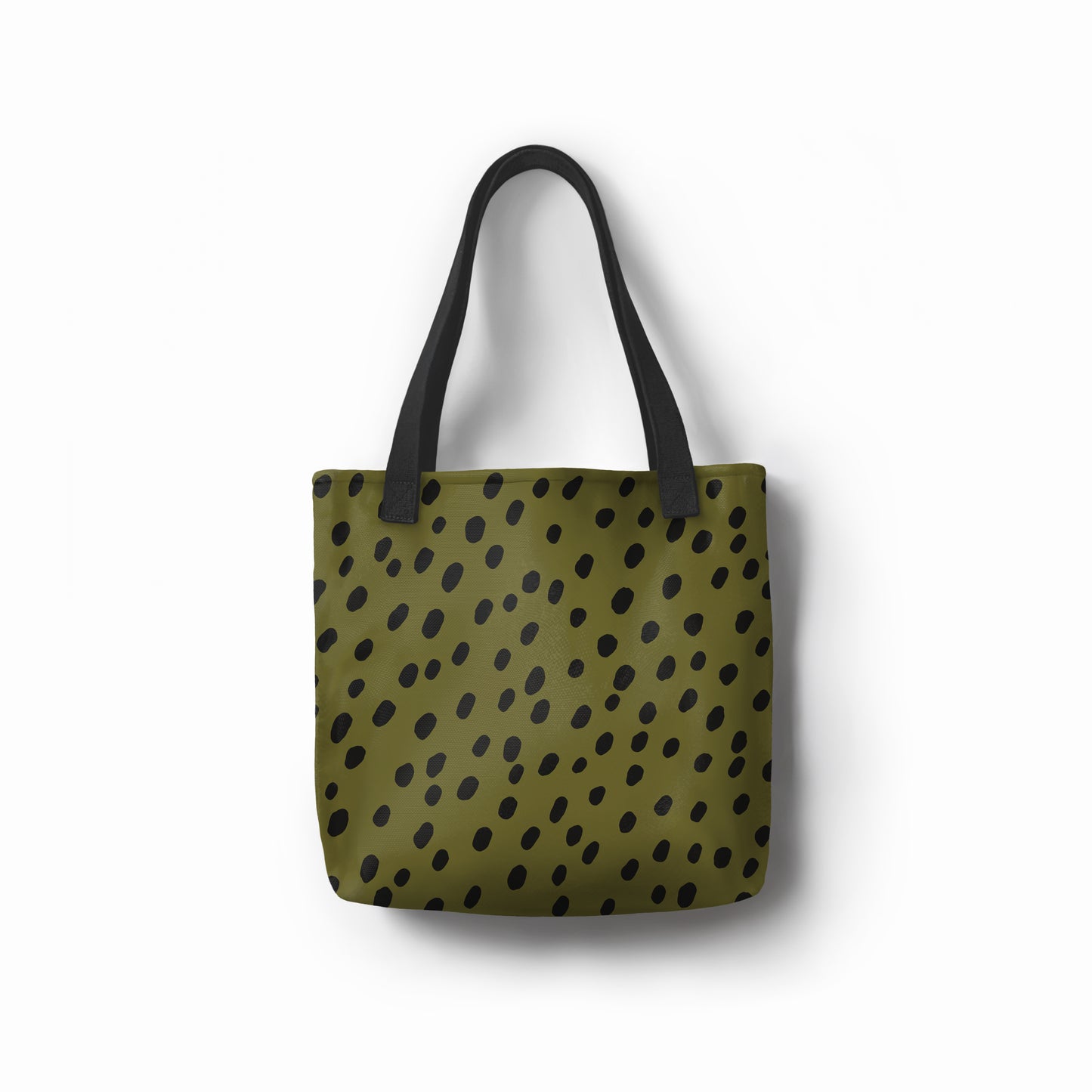 Eco-friendly TASHAU tote bag in olive green with abstract black spots on white background.