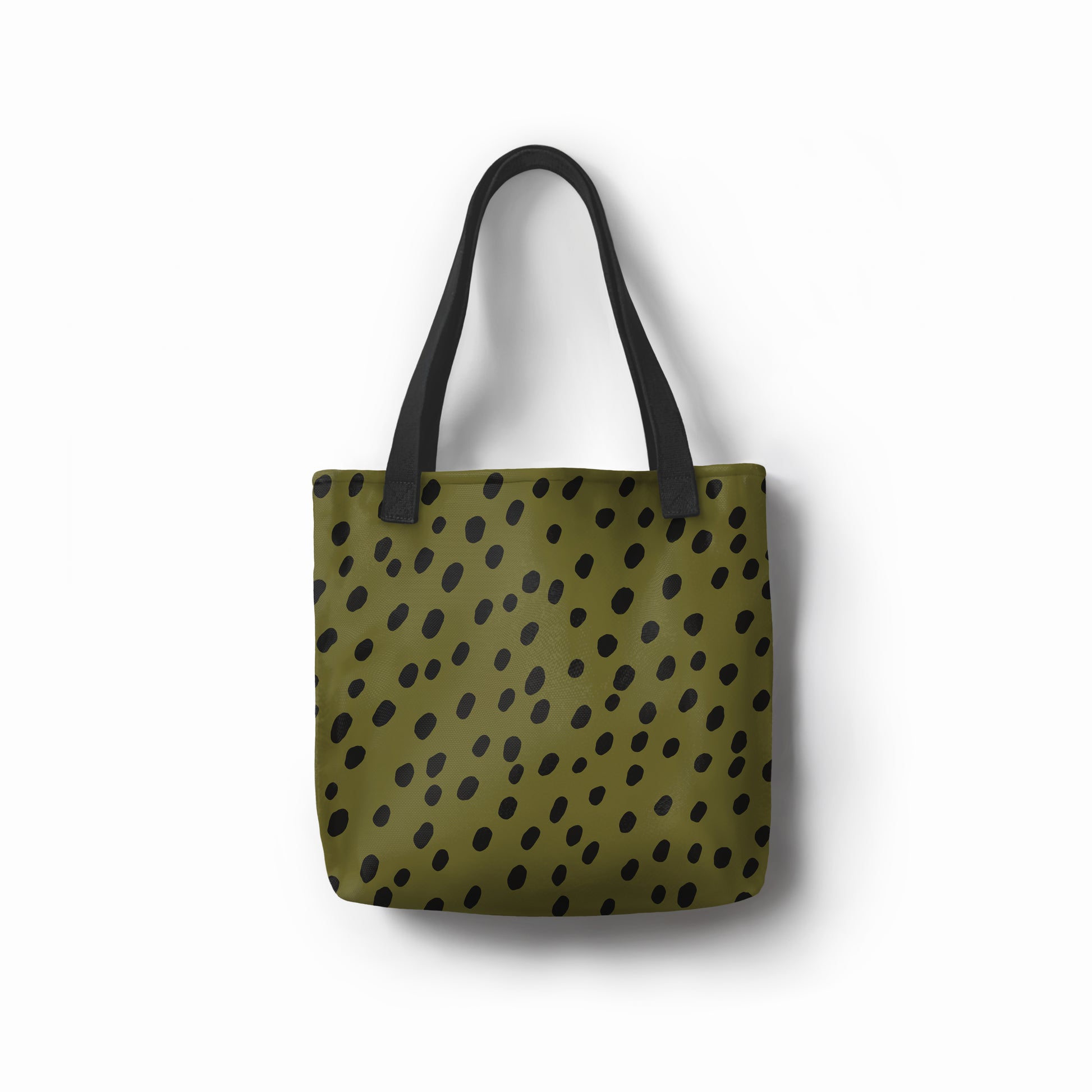 Eco-friendly TASHAU tote bag in olive green with abstract black spots on white background.