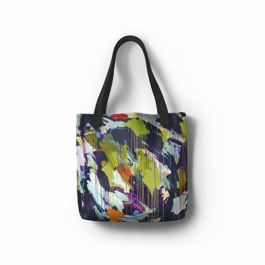 TASHAU Midnight Rainfall tote bag in deep navy with vivid lime and storm-inspired brushstrokes.