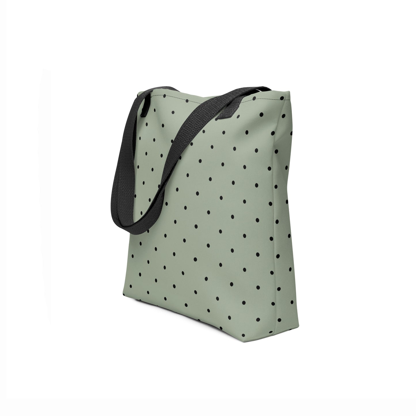 Stylish polka dot tote bag in earthy olive green tones.