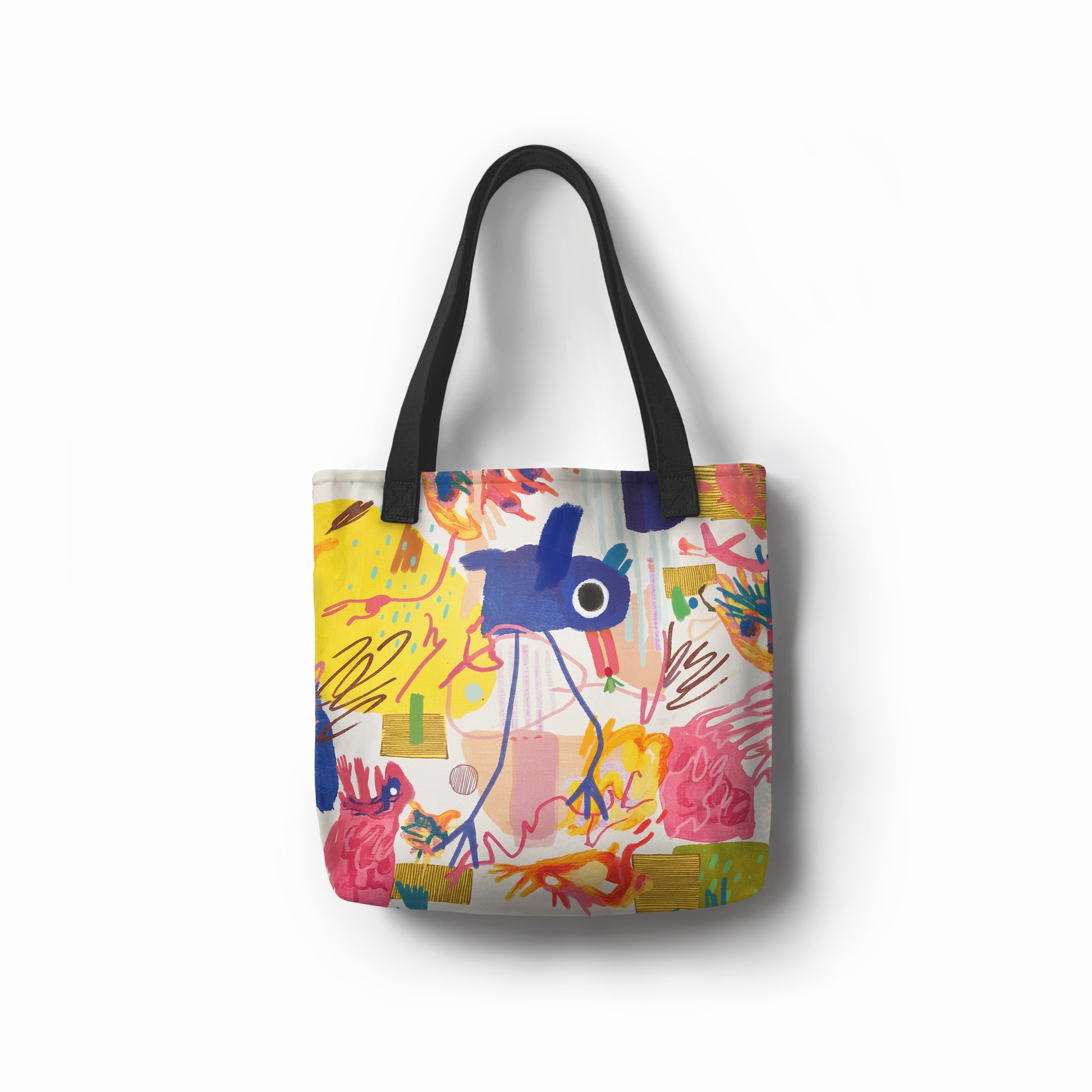 TASHAU tote bag featuring doodle-style abstract design with sunshine yellow, hot pink, coral red, and grassy green accents.