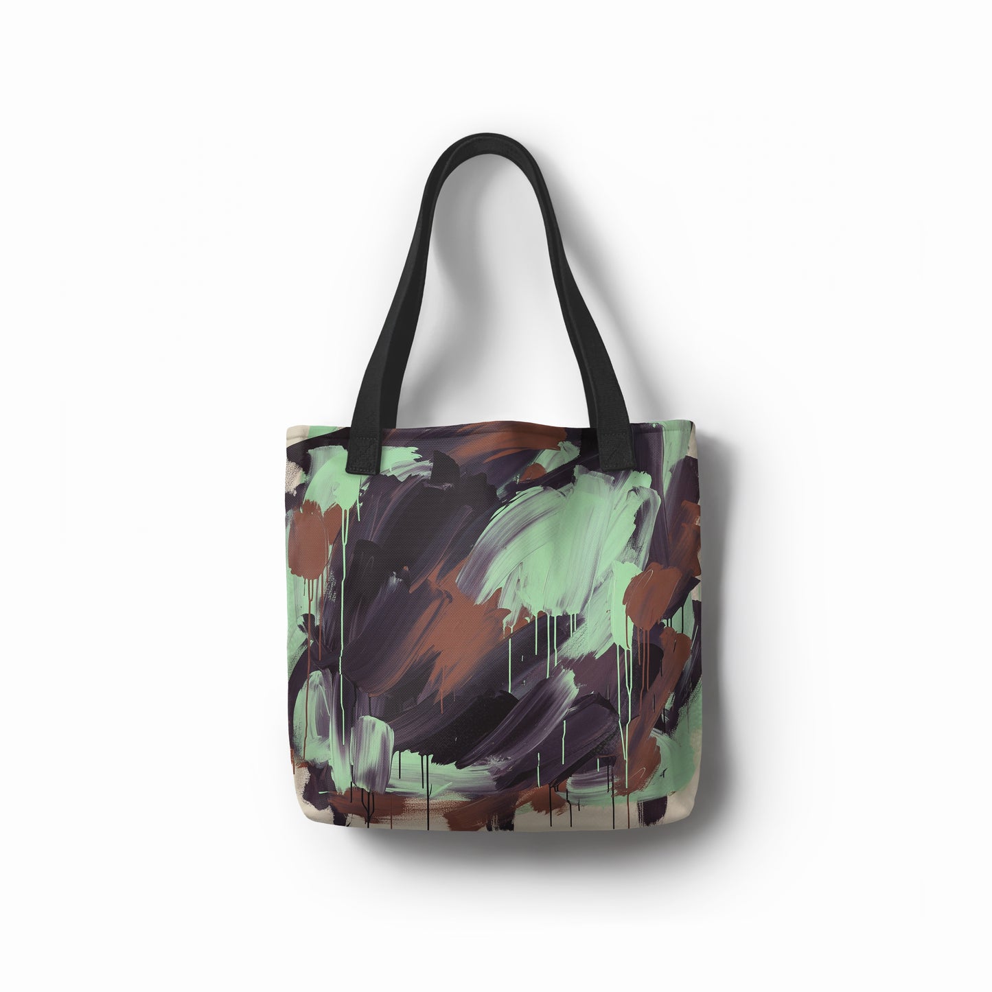 Artistic tote bag with brown, mint green, and charcoal brushstrokes designed by TASHAU.