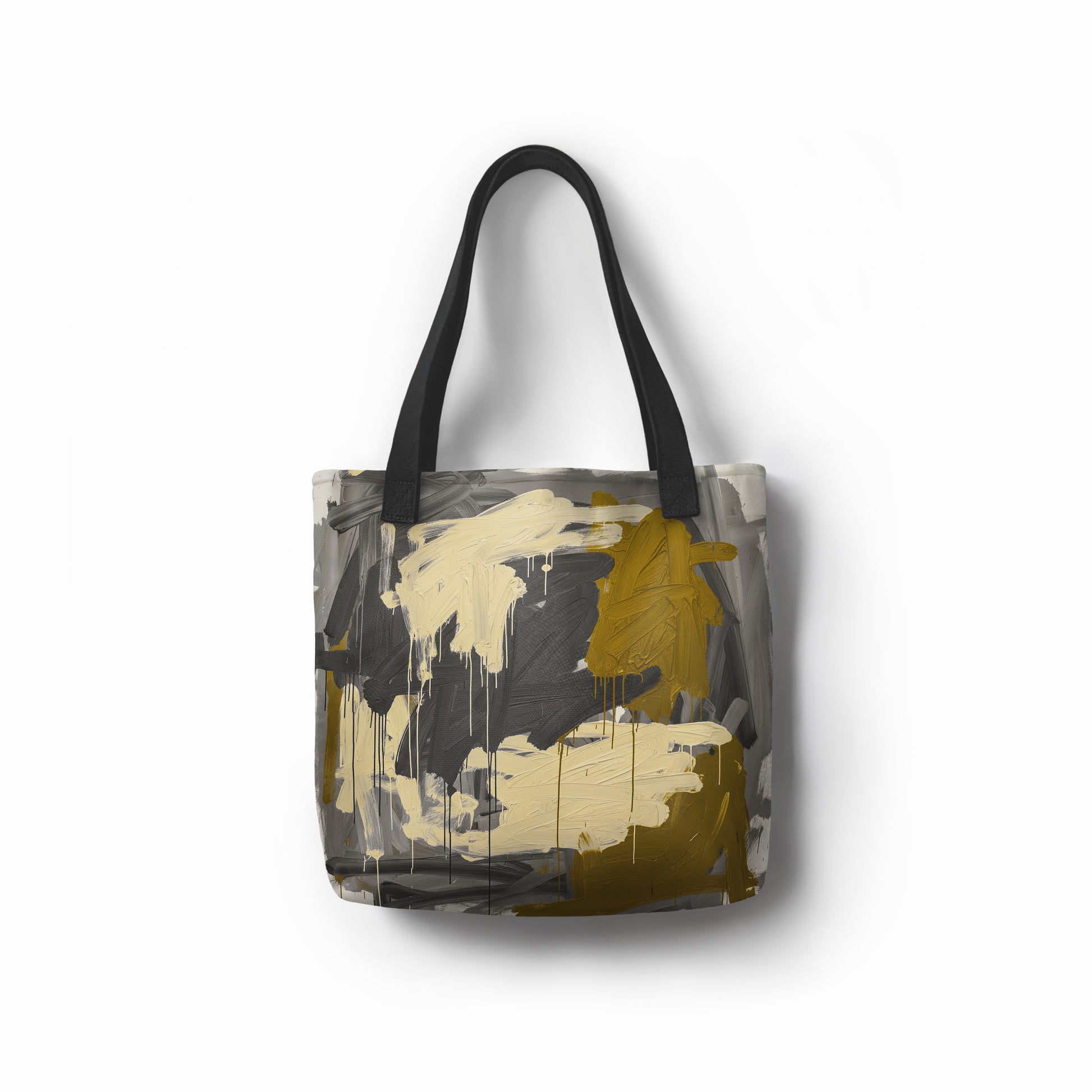 Artistic eco-friendly tote in charcoal gray with amber gold accents by Tashau.