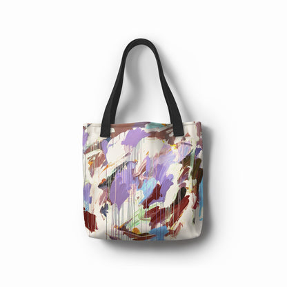 Abstract art tote by TASHAU in purple and beige tones, inspired by chakra balance and mindfulness.