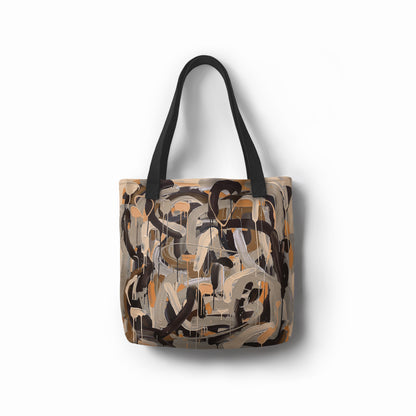 Artistic beige brown tote bag by TASHAU with abstract mottled design.