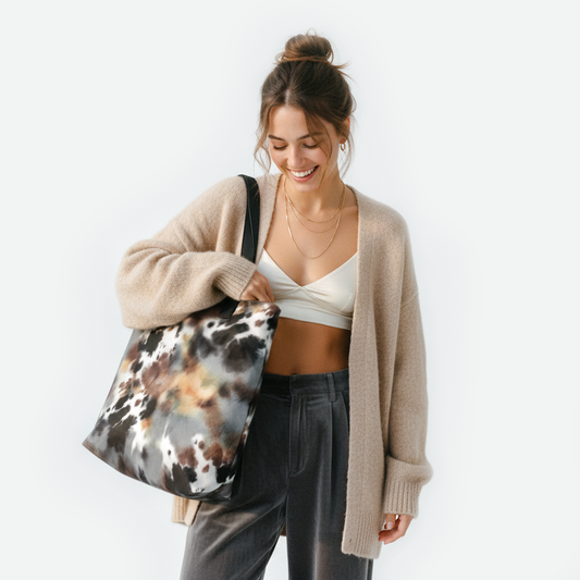 Woman carrying the Caramel Jasper tote bag in anthracite brown and beige abstract design by TASHAU.