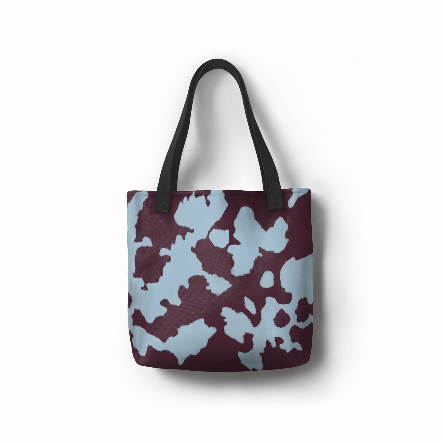 Eco-friendly canvas tote bag with maroon and blue fluid pattern designed by TASHAU.