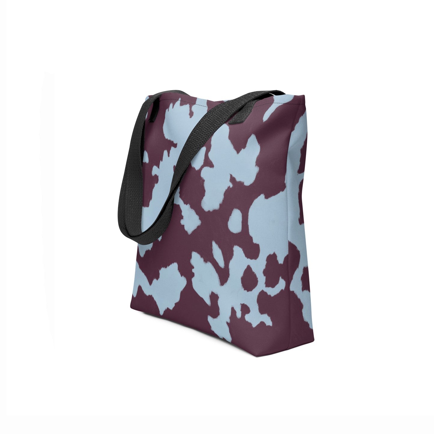Eco-friendly tote bag with deep maroon base and light blue coral-like accents by TASHAU.