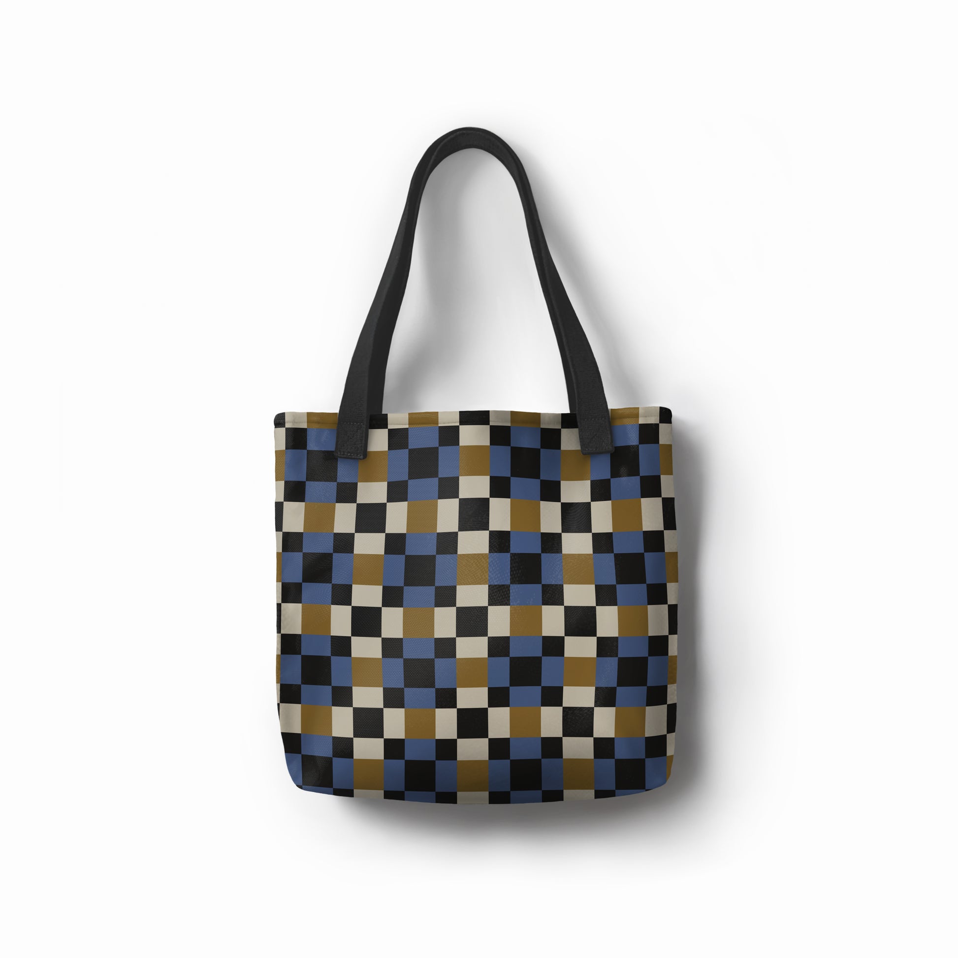 Unisex shopper tote bag with bold mosaic square pattern in blue and mustard.