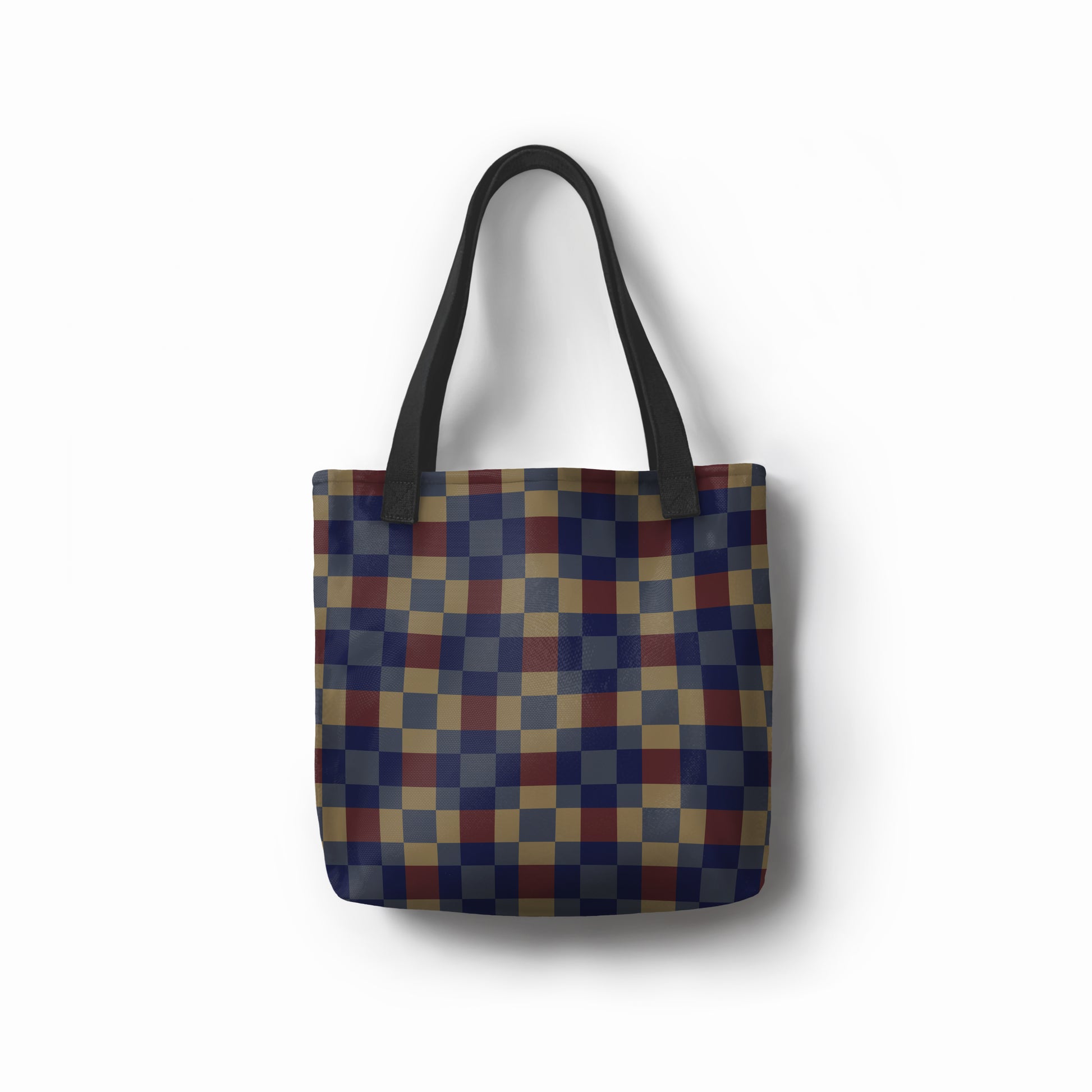 Stylish unisex checkered tote bag with bold navy, red, and mustard squares.