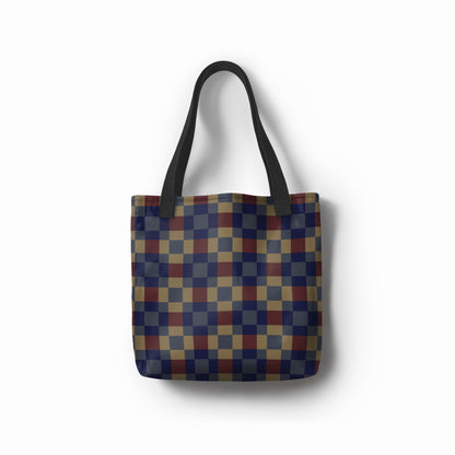 Classic Checkmate tote shopper bag in navy, red, and mustard check pattern.