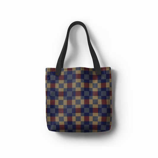 Classic Checkmate tote shopper bag in navy, red, and mustard check pattern.