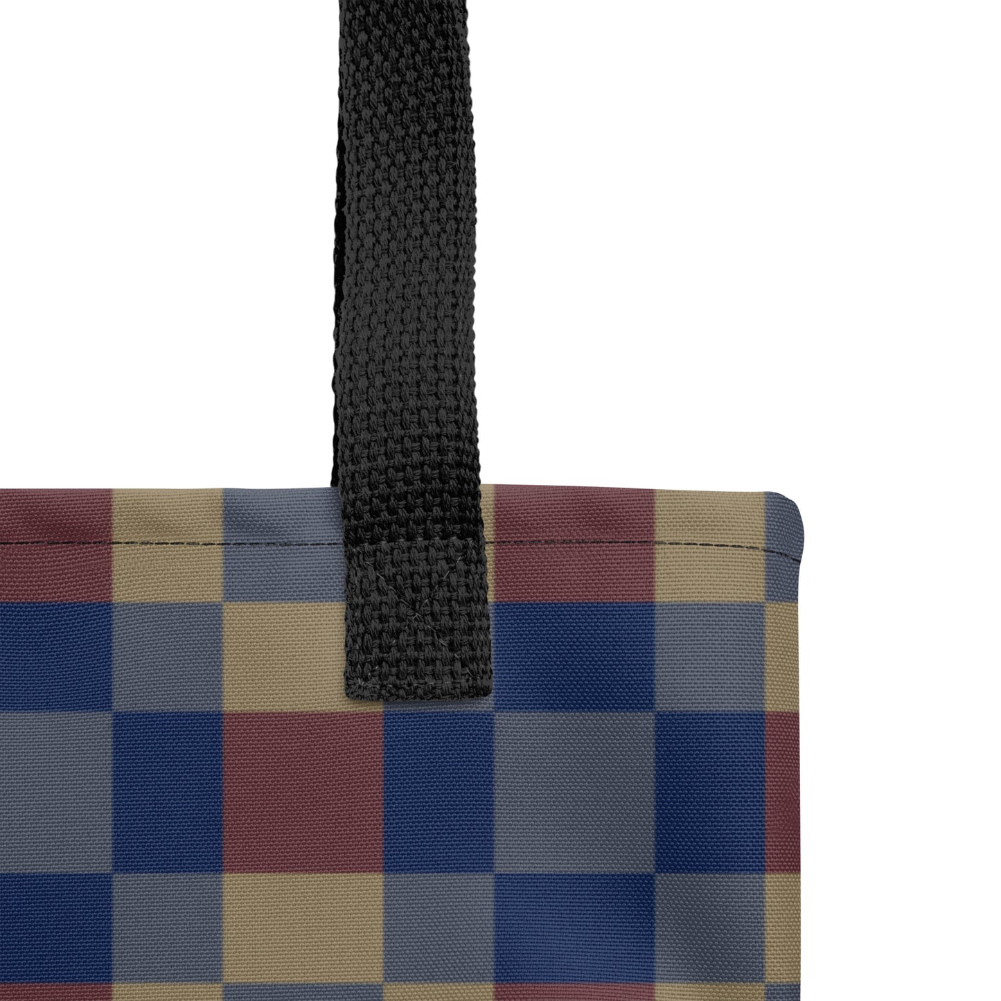 Fashion tote bag with retro-inspired navy, mustard, and red checkerboard style.