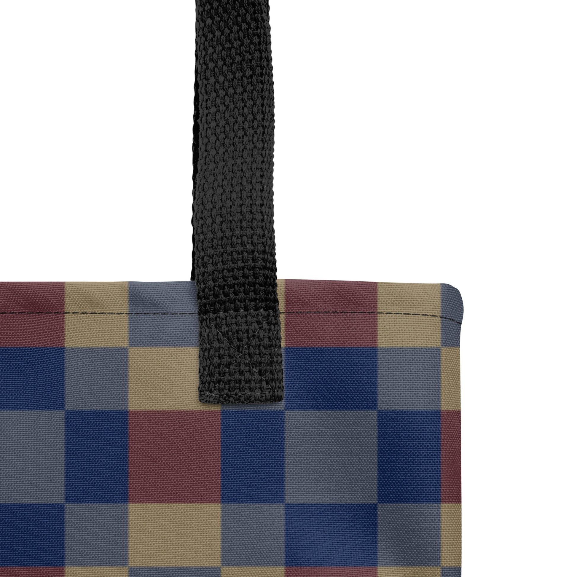 Fashion tote bag with retro-inspired navy, mustard, and red checkerboard style.
