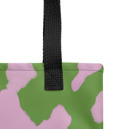 Unique pink and lime green tote bag with juicy, nature-inspired patterns.
