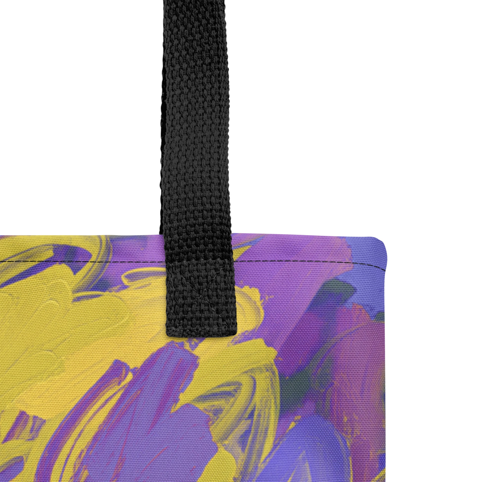 Unique Wild Iris shopper tote with vibrant purple-yellow floral energy.