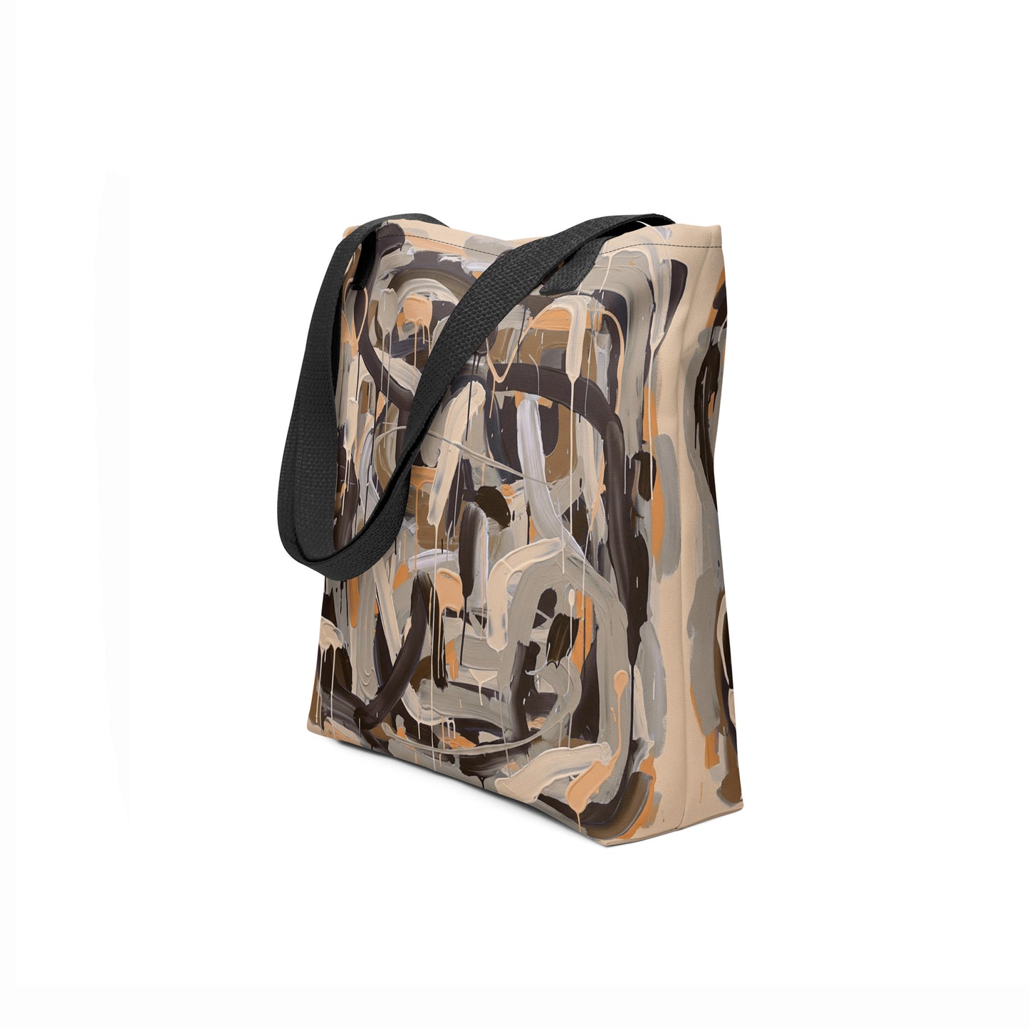 TASHAU abstract tote bag featuring earthy beige and metallic tones.