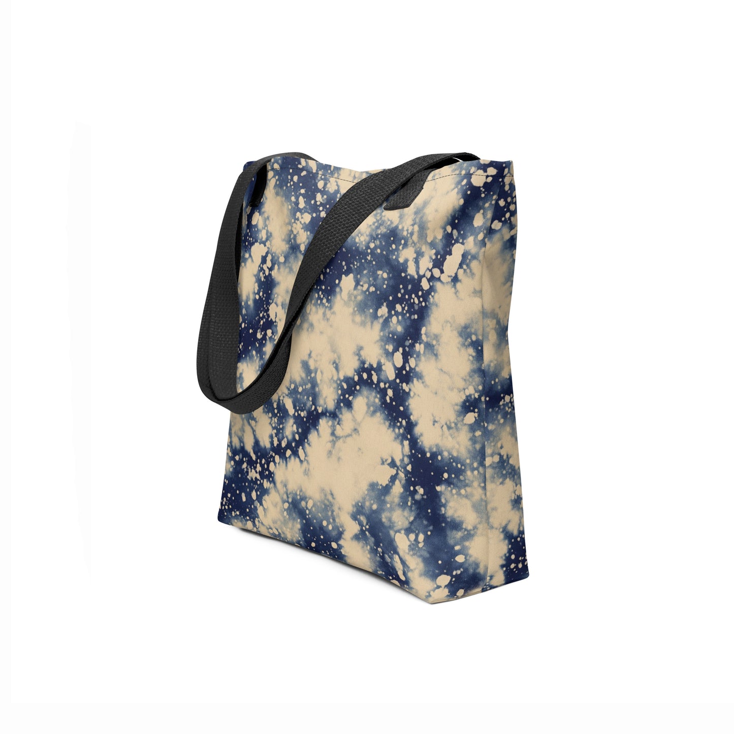 Starry-inspired Desert Nightfall tote – beach tote bag design in navy blue and sandy beige, perfect for vacations, work, or gifting.