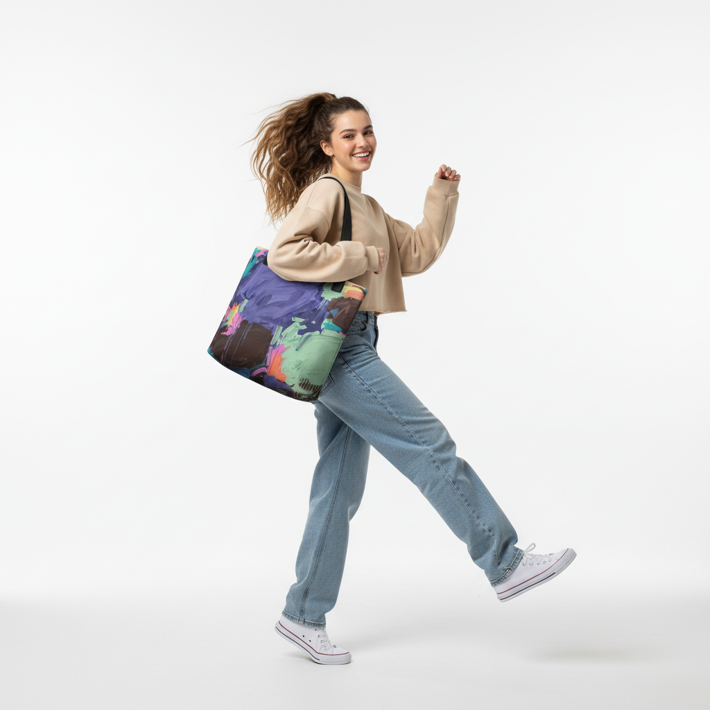Model carrying the Tashau's Dragonfly Brush tote bag, showcasing its versatile style.