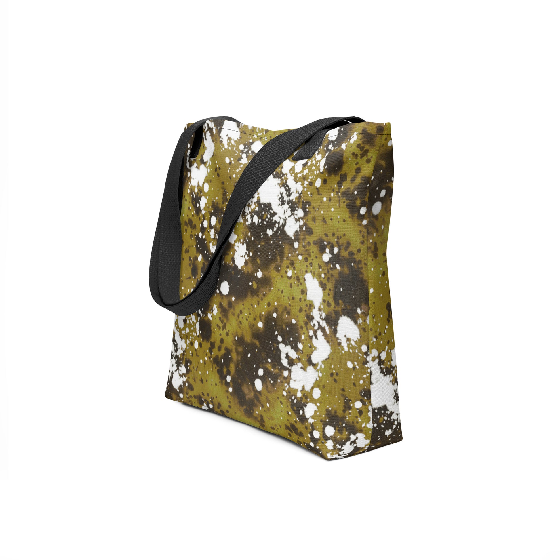 Durable canvas tote in organic green hues with abstract white splashes. Designed by TASHAU.