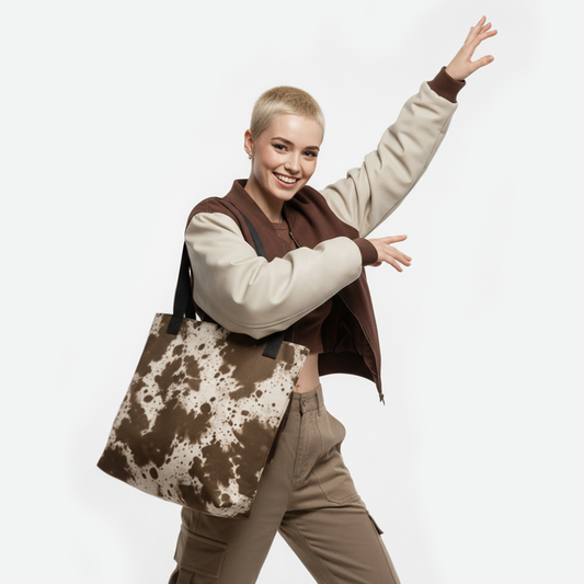 Woman carrying the Earthstone Whisper tote bag in beige and rustic brown abstract design by TASHAU.