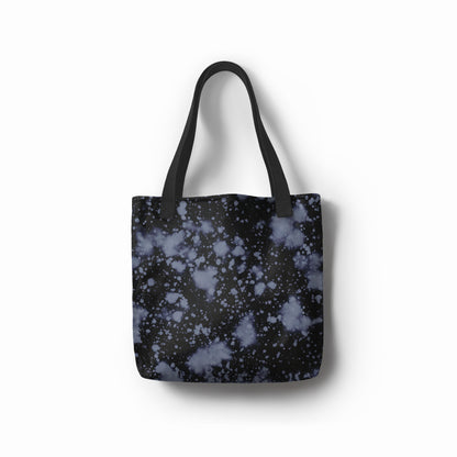 Eclipse Mist tote bag in black with artistic blue splatter pattern – eco-friendly canvas shopper.