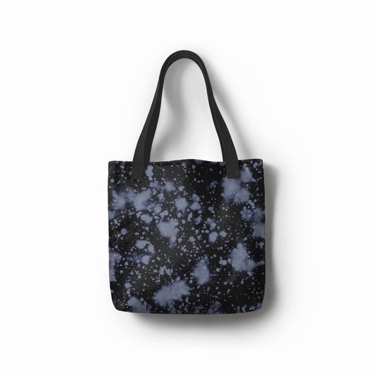 Eclipse Mist tote bag in black with artistic blue splatter pattern – eco-friendly canvas shopper.