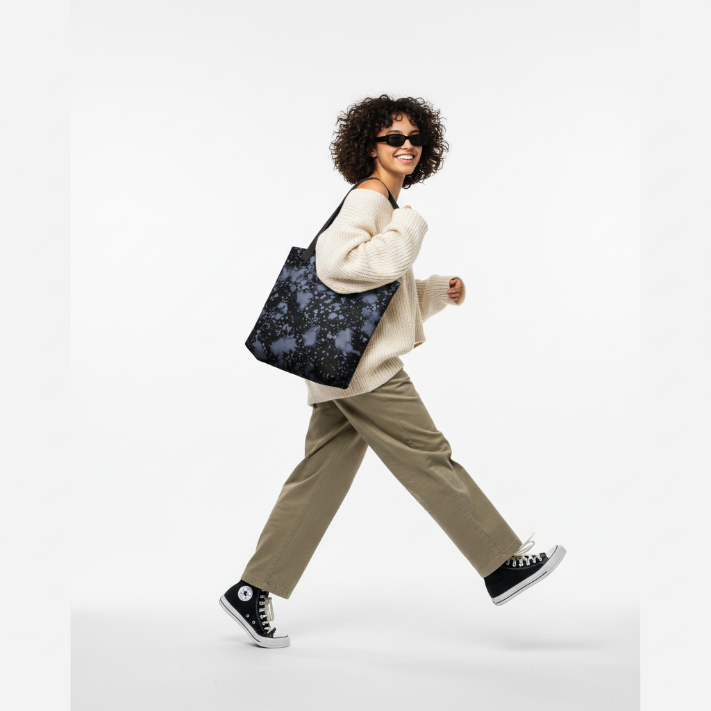 Model carrying the Tashau Eclipse Mist tote bag in black and blue artistic splatter print.