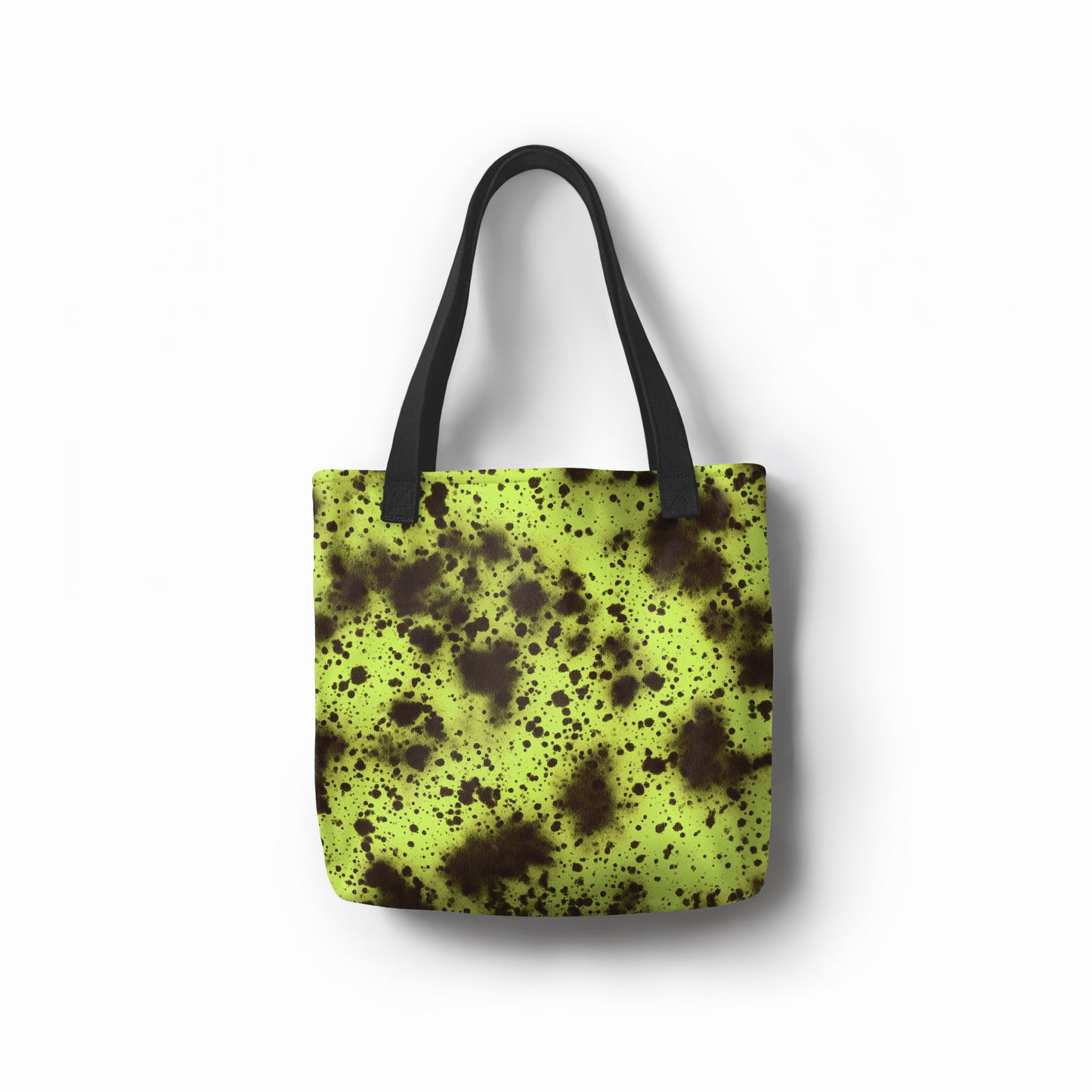 Bright Neon Moss green tote bag featuring black splatter pattern and artistic contrast by TASHAU.