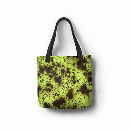 Bright Neon Moss green tote bag featuring black splatter pattern and artistic contrast by TASHAU.