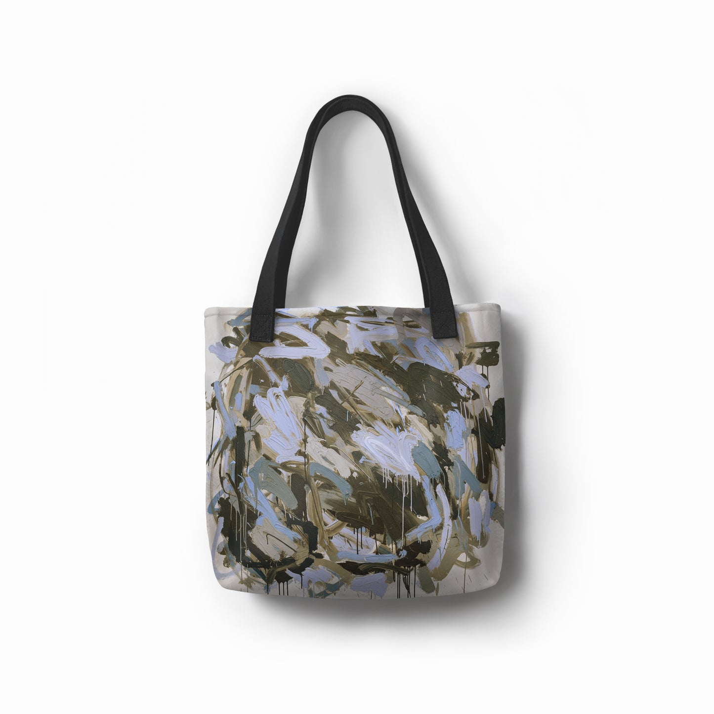 TASHAU canvas tote with river stone-inspired design in muted blue and gray.