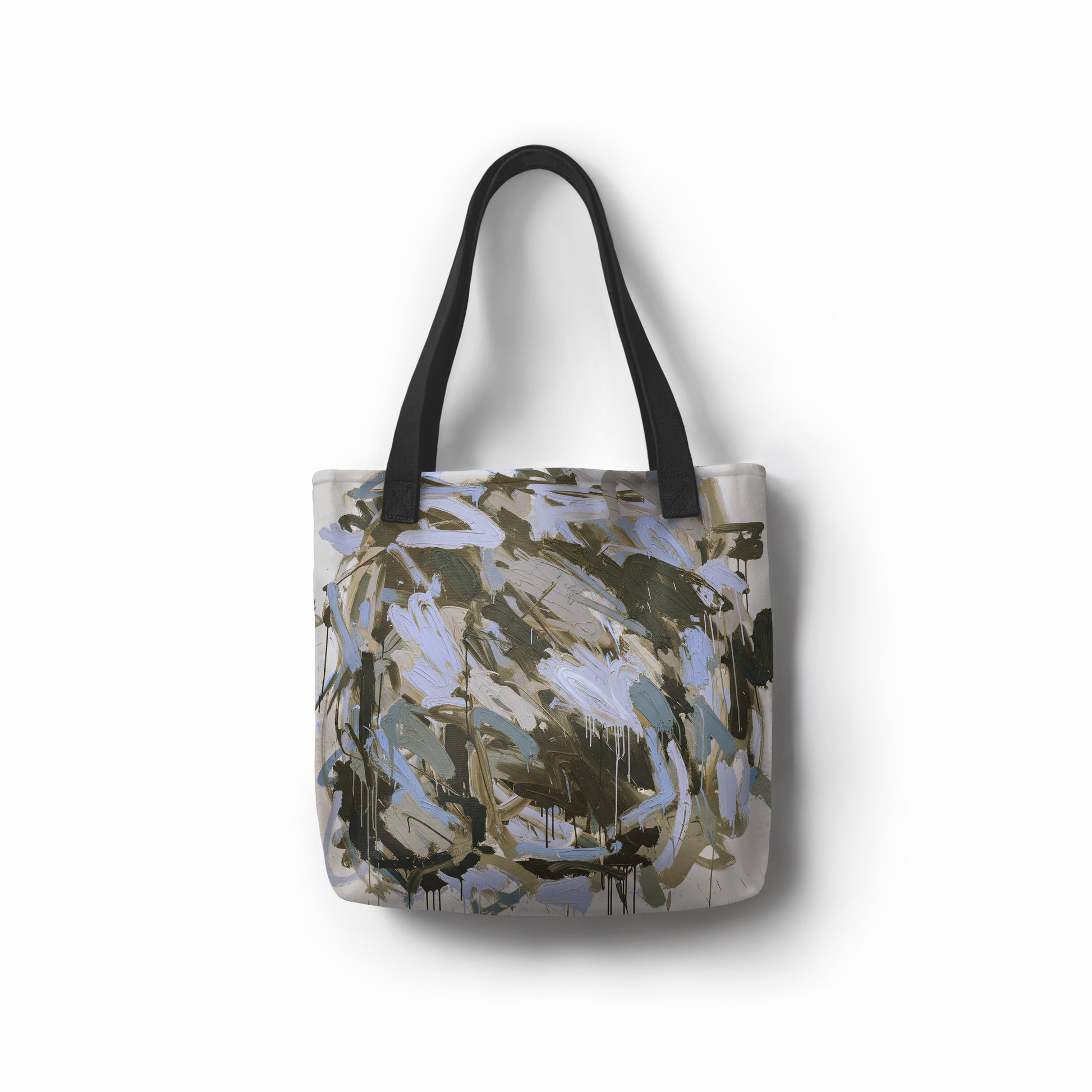 TASHAU canvas tote with river stone-inspired design in muted blue and gray.
