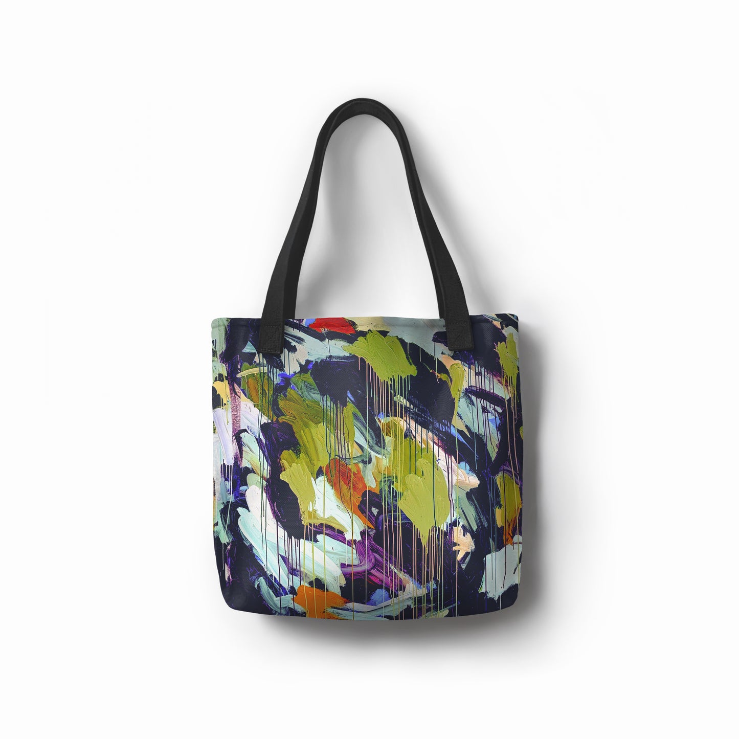 Artistic tote bag with electric lime and teal brush effects on dark navy background by TASHAU.