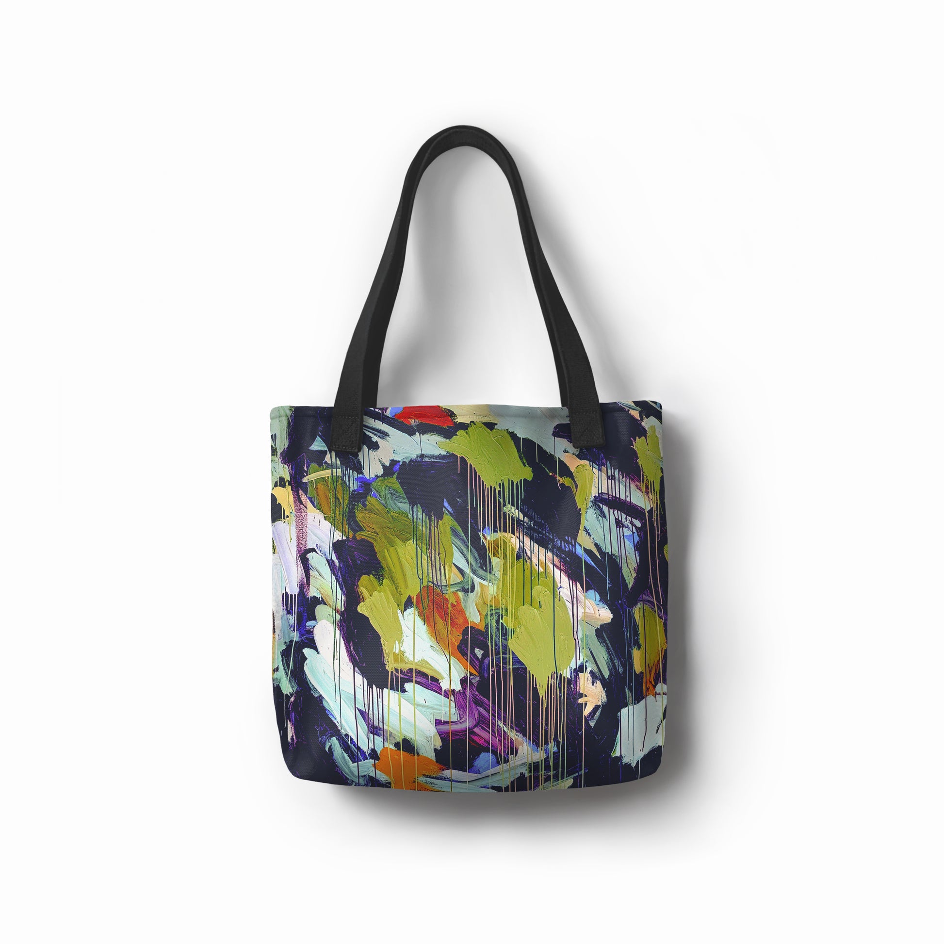 Artistic tote bag with electric lime and teal brush effects on dark navy background by TASHAU.