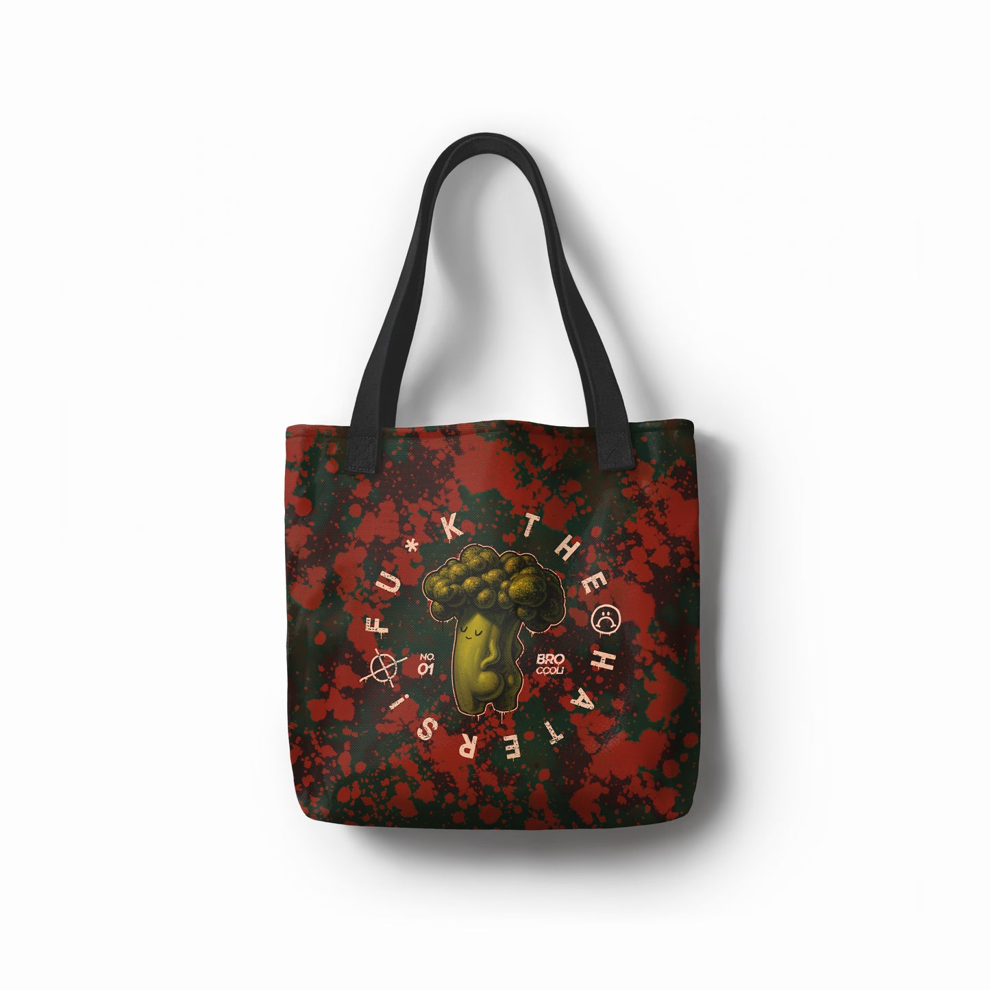 Funny canvas tote bag with sarcastic broccoli cartoon design by TASHAU.