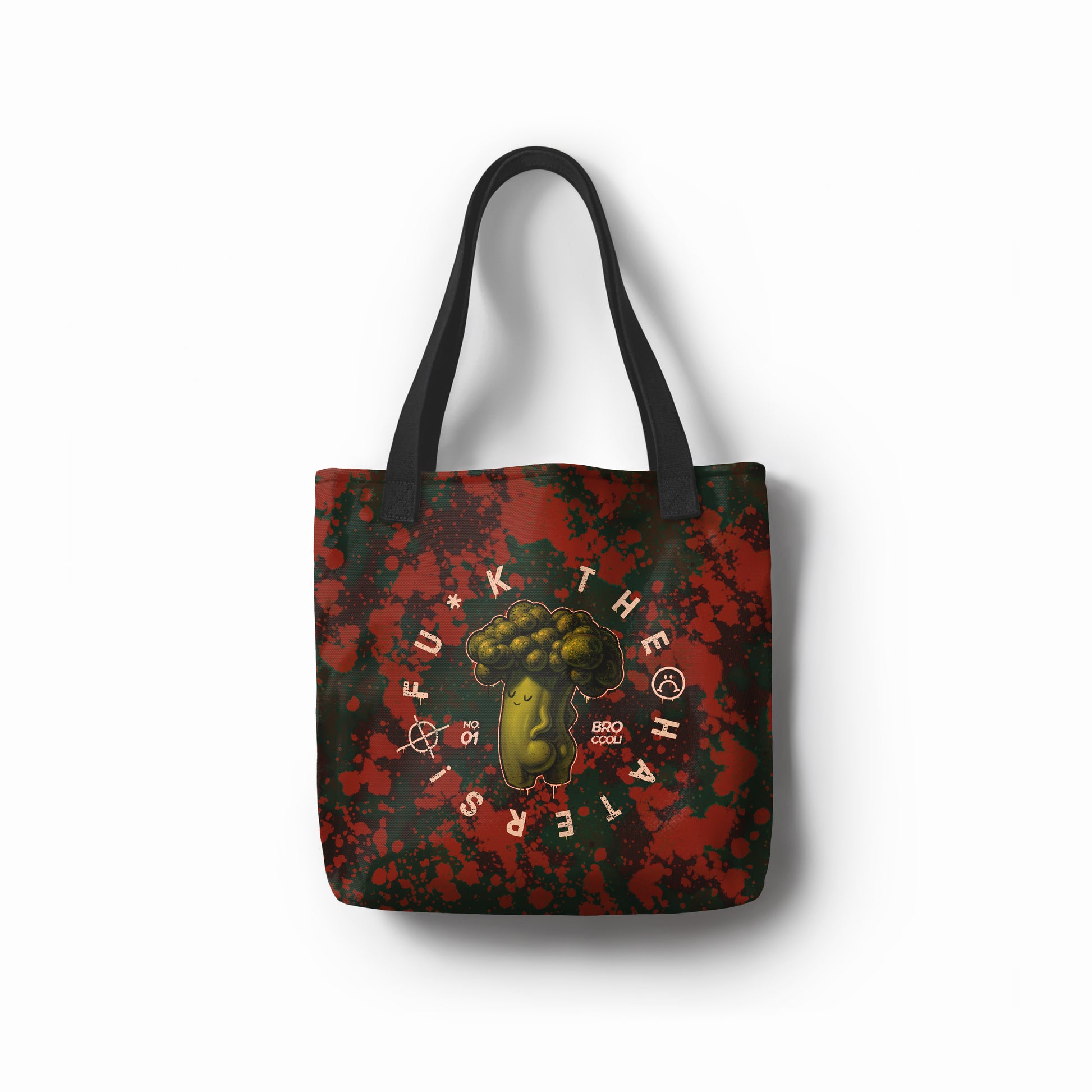 Funny canvas tote bag with sarcastic broccoli cartoon design by TASHAU.