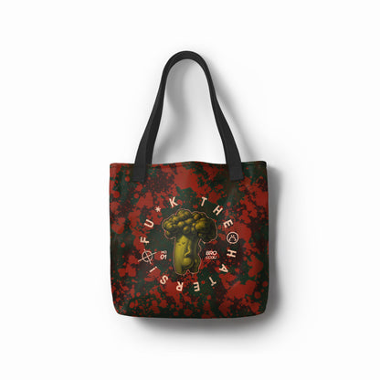 Funny canvas tote bag with sarcastic broccoli cartoon design by TASHAU.
