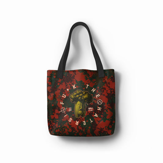 Funny canvas tote bag with sarcastic broccoli cartoon design by TASHAU.