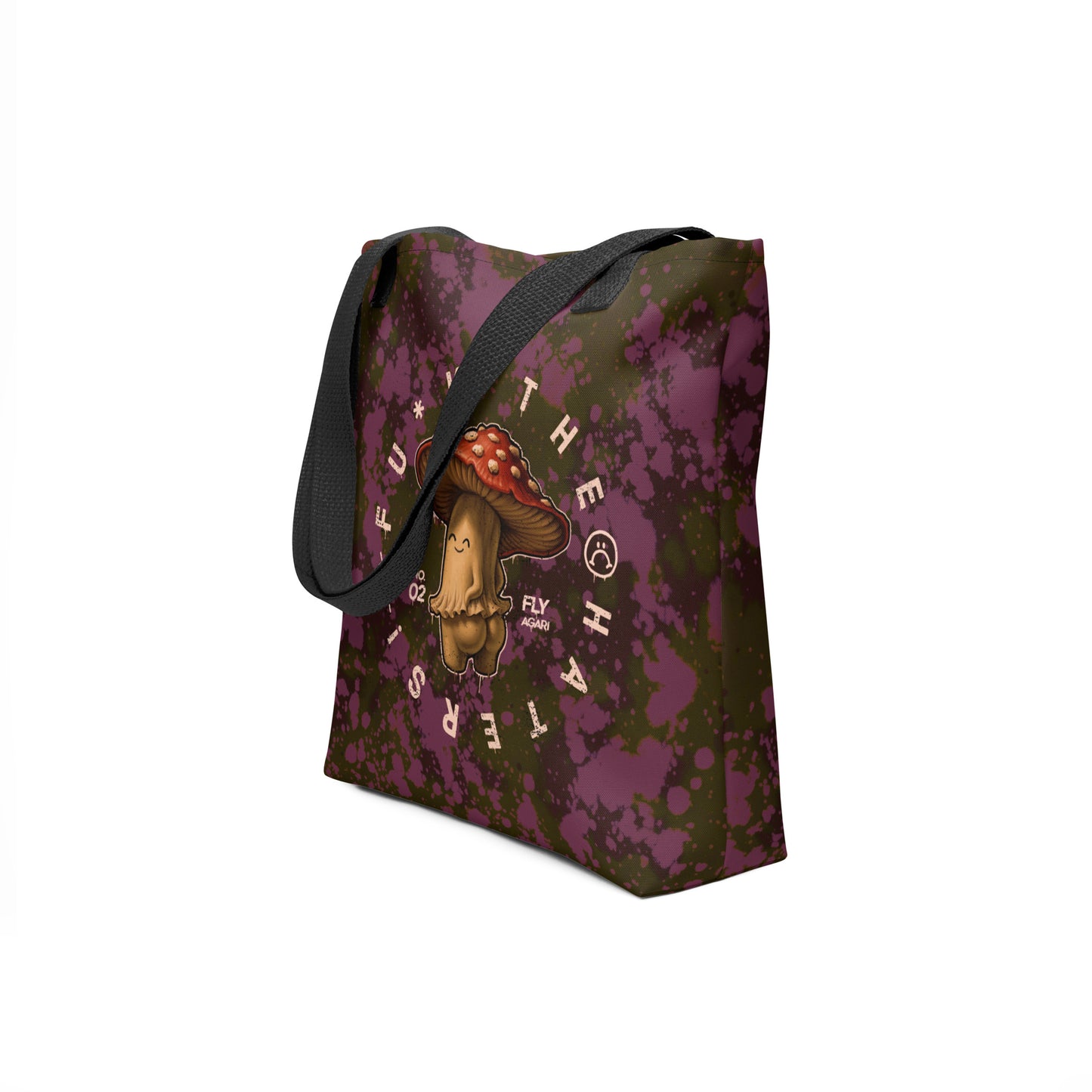 Creative mushroom print tote bag with sarcastic design by TASHAU.