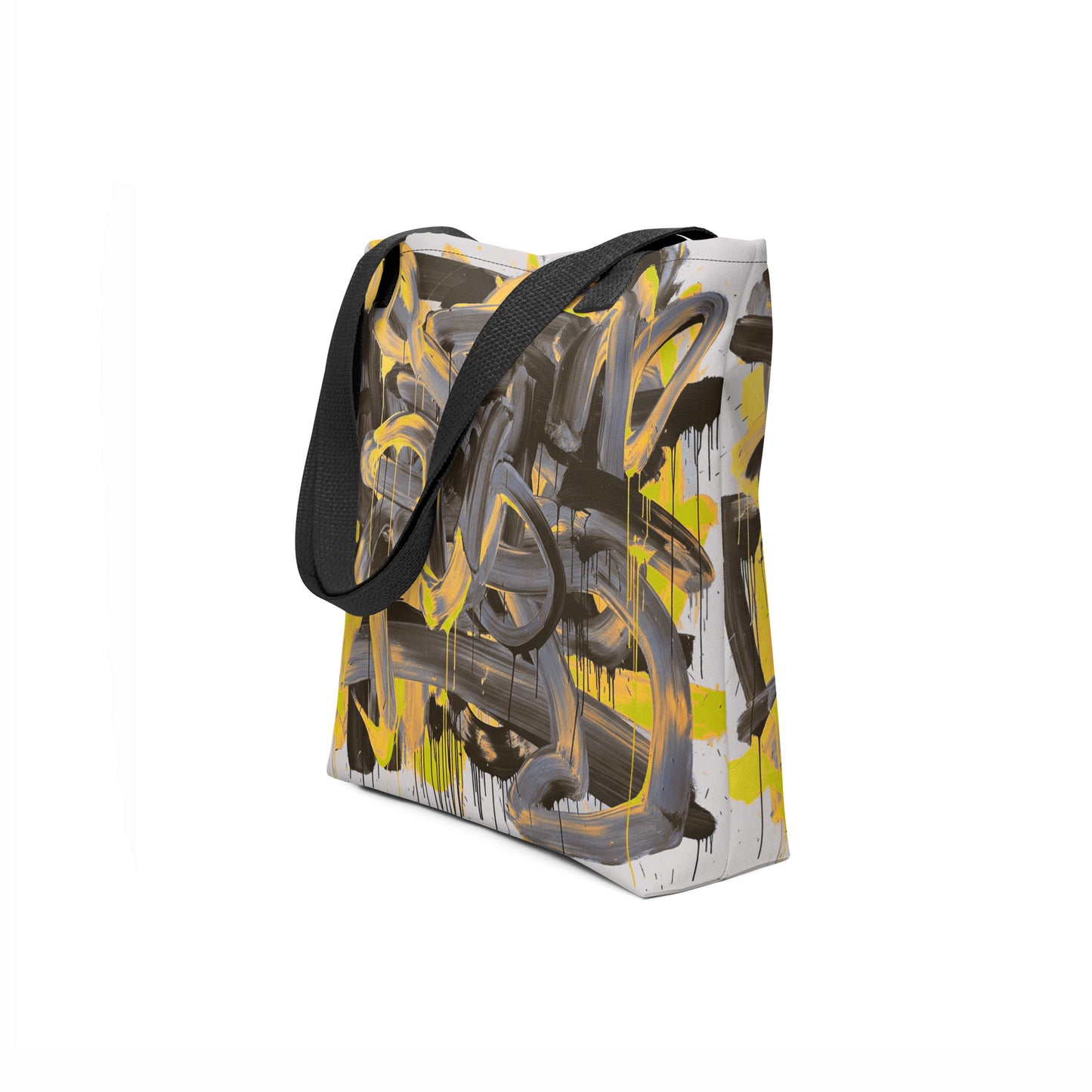 TASHAU artistic yellow and charcoal tote bag in eco-canvas.