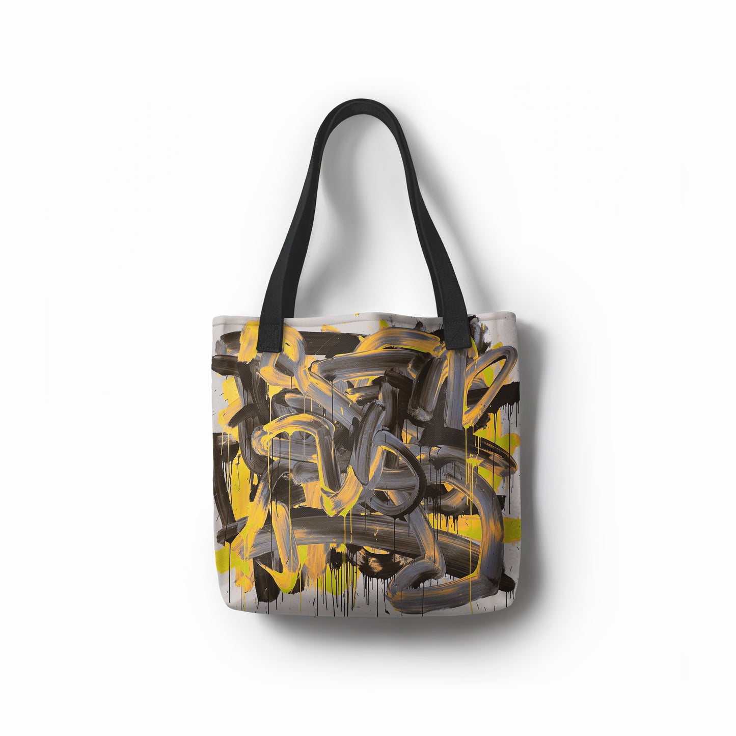 Eco-friendly canvas tote bag with abstract yellow and charcoal brushstrokes. Shop at TASHAU.