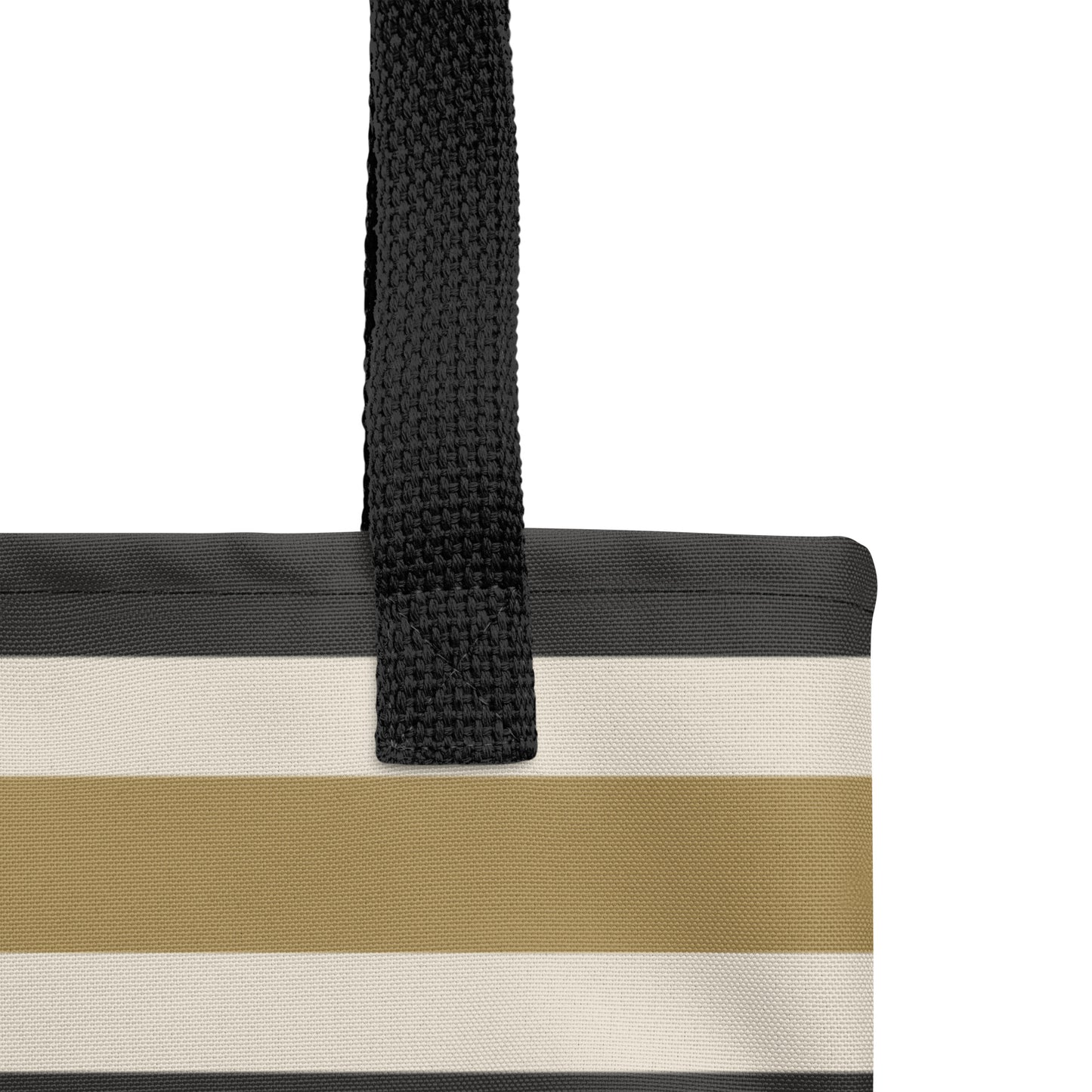 Fashion tote with warm golden, beige, and black horizontal lines – TASHAU shopper.