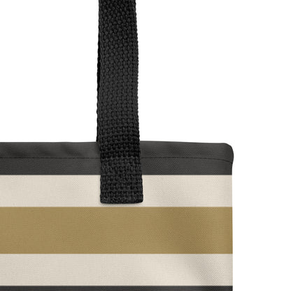 Fashion tote with warm golden, beige, and black horizontal lines – TASHAU shopper.