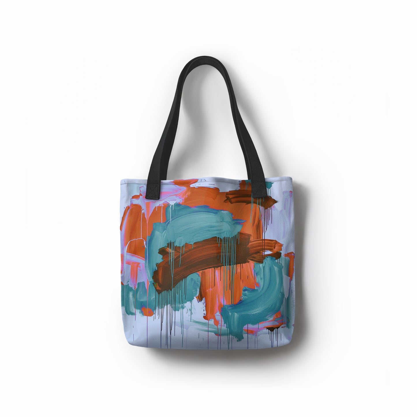 TASHAU Indigo Sienna Flow tote bag in abstract blue and orange brushstrokes.
