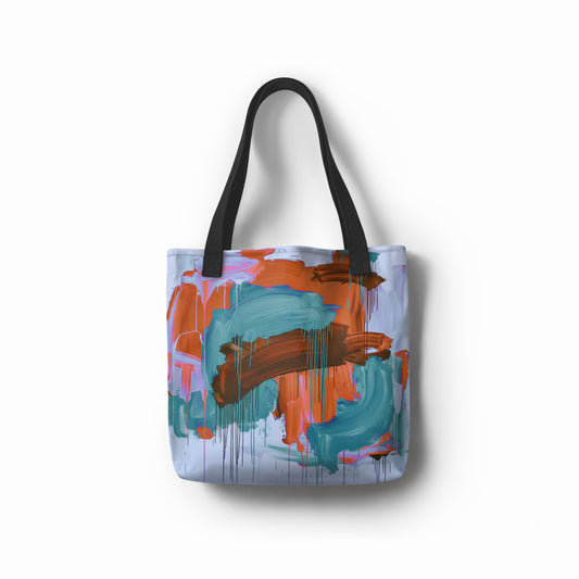 TASHAU Indigo Sienna Flow tote bag in abstract blue and orange brushstrokes.