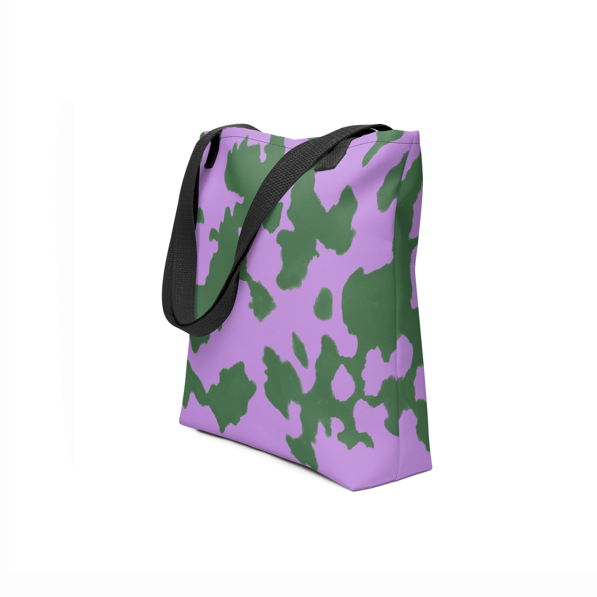 Eco-friendly tote bag in green and lavender purple, floral and leafy nature-inspired look.