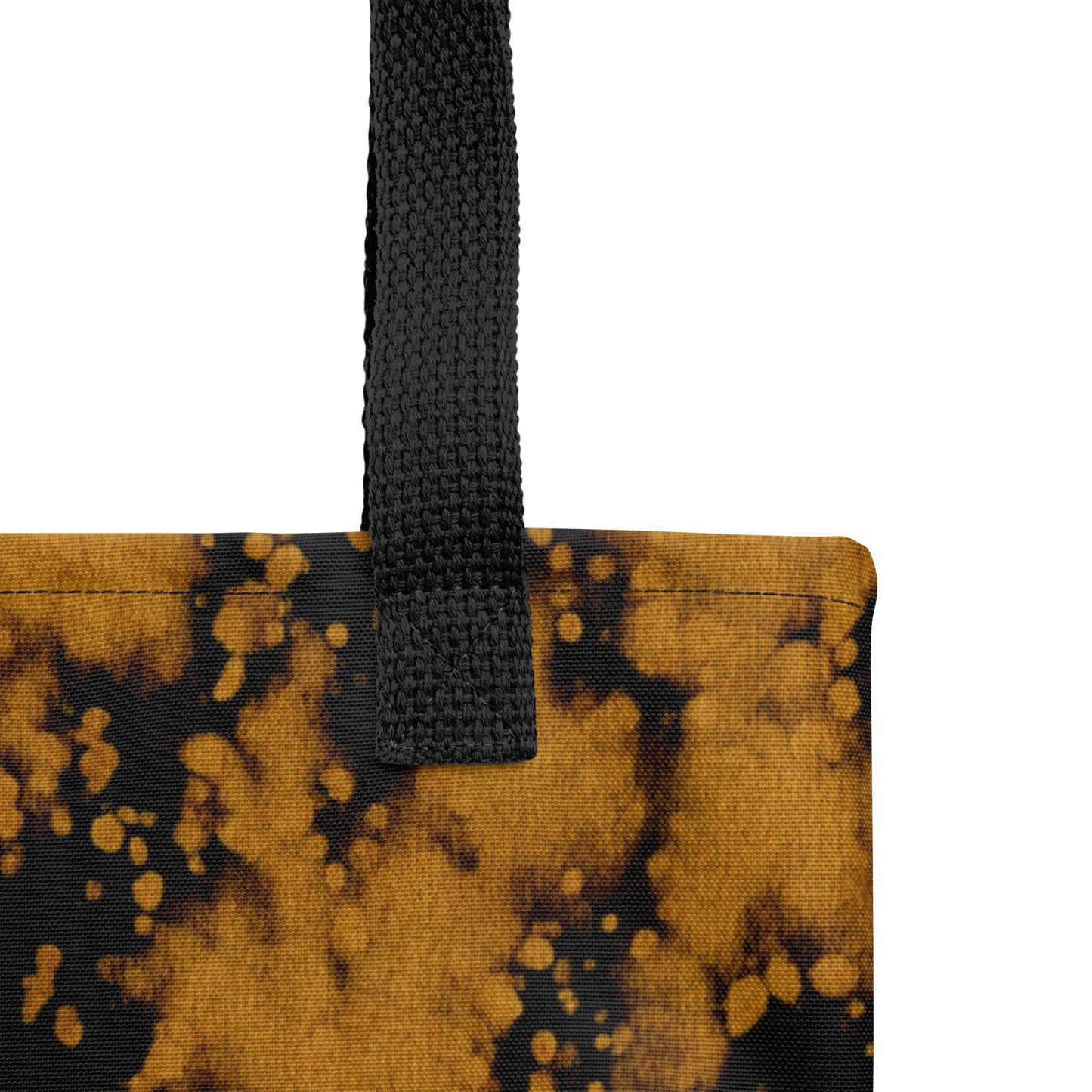 Durable canvas tote bag in black with gold splatter print – Golden Nightfall artistic tote designed by TASHAU.